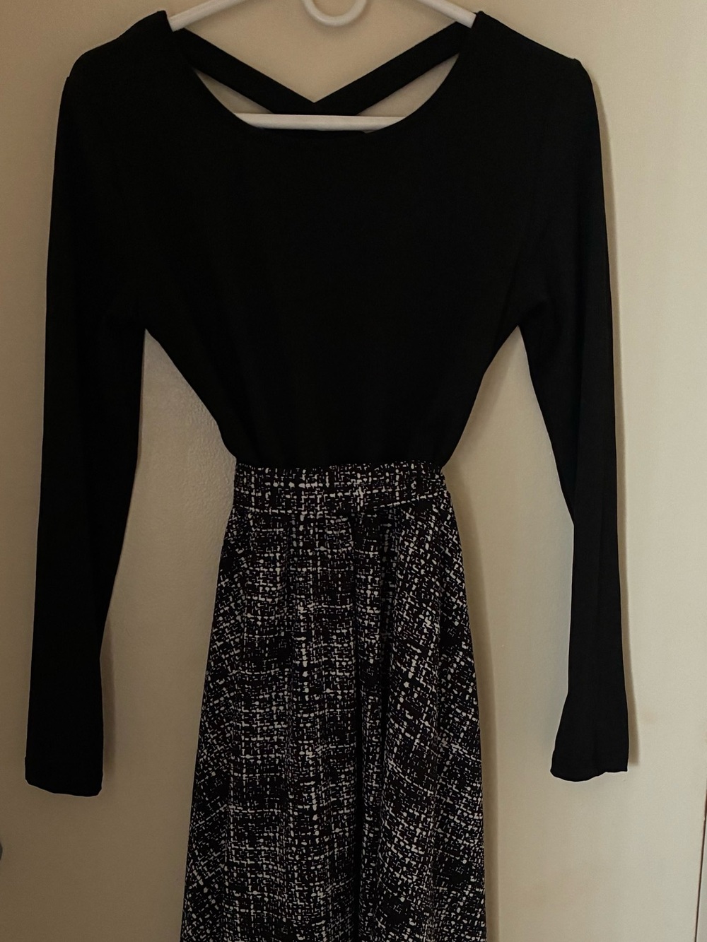 Black Long-Sleeve Dress with Tweed Print Skirt